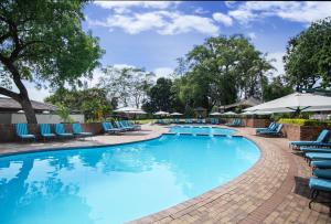 a pool with chairs and umbrellas at a resort at Sabi River Sun Resort in Hazyview