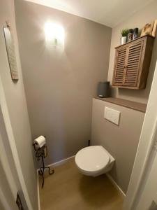 a small bathroom with a toilet and a light at bij Petros in Opglabbeek +6 photos