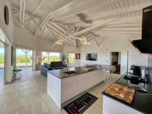 an open kitchen and living room with a counter top at JADE - Villa Créole de Standing et de charme ,vue mer , proche des plages & piscine privée haut de gamme in Saint-François +30 photos