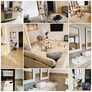 a collage of pictures of a living room and a kitchen at Finna's lovely 1-bedroom open plan vacation home. in Germiston