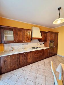 a kitchen with wooden cabinets and a sink and a stove at Beinasco Apartment - Le Terrazze Palace in Beinasco