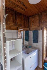 La Cabane du Petit Tour في لونغوني: حمام مع حوض أبيض ومرآة