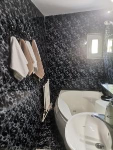 Baño en blanco y negro con lavabo y aseo en Montana Slănic, en Slănic-Moldova