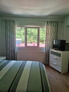 Un dormitorio con una cama y un televisor y una ventana. en Montana Slănic, en Slănic-Moldova