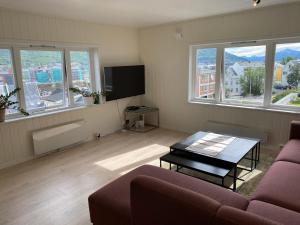 een woonkamer met een bank en een tafel bij BraMy Apartments The Cozy View in Tromsø