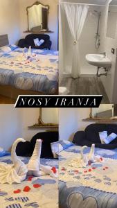 3 foto di una camera d'albergo con cigni sul letto di Residenza Nosy Be a Palombara Sabina