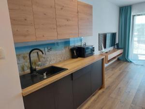 a kitchen with a sink and wooden counter top at Porta Mare Marine in Dziwnów