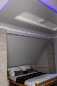 a bed in a room with a ceiling at Feher Akac Guest House in Palić
