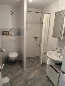 uma casa de banho com um chuveiro, um WC e um lavatório. em Schöne Wohnung in ruhiger Lage mit Garten. em Dornbirn