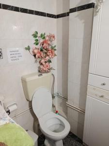 uma pequena casa de banho com WC e flores na parede em Βόλος περιοχή Aγ Κωσταντίνος Ρετιρέ 3 κρεβατ με θέα το Πήλιο em Volos