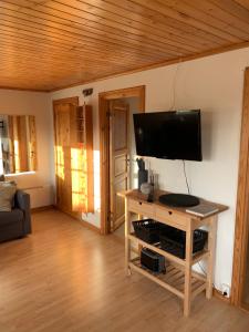 a living room with a flat screen tv on a table at Villa Sus & Dus in Yngsjö