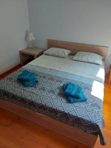 a bedroom with a bed with two blue towels on it at Lavender View Luxury House in Nea Kallikrateia