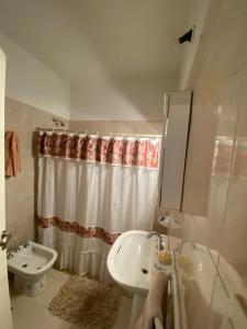 ein Bad mit einem Waschbecken und einem Duschvorhang in der Unterkunft La casita de La Rioja in La Rioja