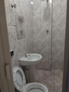 y baño con aseo, lavabo y ducha. en Hotel Maraja 9 de julho, en São Paulo