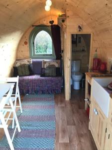 una sala de estar con sofá en una casa pequeña en Robins Nest glamping pod North Wales en Mold