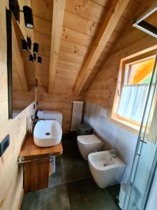 uma casa de banho com 2 WC e um lavatório em Chalet Camporosso em Camporosso in Valcanale