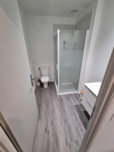 ein Bad mit einem WC und einer ebenerdigen Dusche in der Unterkunft Superbe logement T3 en duplex. in Saint-Gaudens