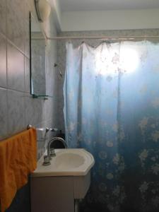 a bathroom with a sink and a shower curtain at Alquileres Luis in San Clemente del Tuyú