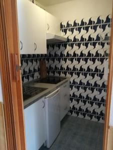 a kitchen with a pattern of bats on the wall at Grazioso monolocale vista Cervino in Breuil-Cervinia