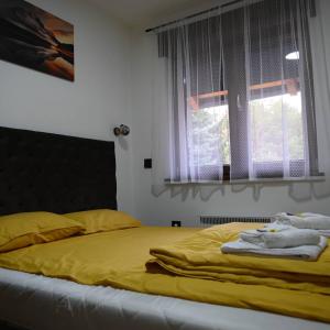 ズラティボールにあるApartman na brduのベッドルーム1室(黄色いシーツ付きのベッド1台、窓付)