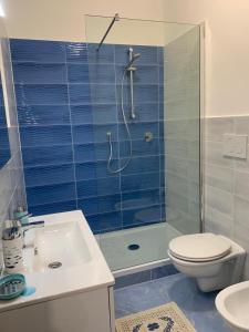 a bathroom with a shower and a toilet and a sink at NERONE HOUSE in Diamante +5 photos