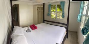 a bedroom with a white bed with two red pillows at Akunamatata Guest House Grand Case in Grand Case