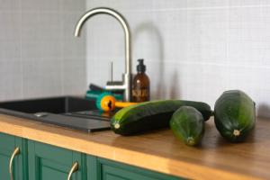 a kitchen counter with two cucumbers and a sink at Palu Meeleolutalu 
