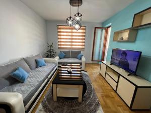 uma sala de estar com um sofá e uma televisão em Apartment stan na dan Hilandarska em Lukavica
