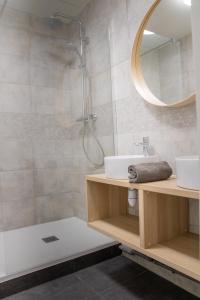 La salle de bains est pourvue d'une douche, d'un lavabo et d'un miroir. dans l'établissement La Fabrique Paloise, à Pau