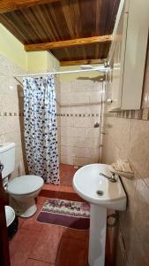 y baño con lavabo, aseo y ducha. en Apart Nicolas en Puerto Iguazú