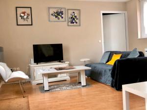 a living room with a couch and a tv at la Discrète in Berck-sur-Mer