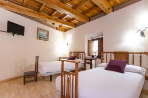 a bedroom with two beds and a flat screen tv at Hotel Rural Fuente del Val in Prádanos de Ojeda