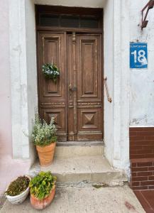 a wooden door with two potted plants in front of it at Ratuszowa 18 in Olsztynek