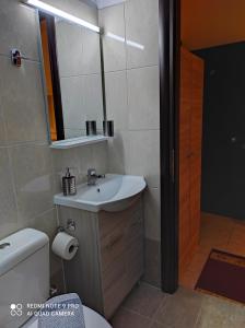 uma casa de banho com um lavatório, um WC e um espelho. em Sofias Hotel em Ioannina