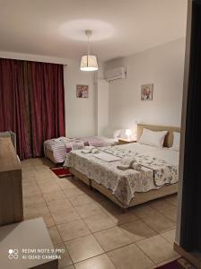 um quarto de hotel com duas camas e uma janela em Sofias Hotel em Ioannina