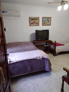 um quarto com uma cama e uma televisão de ecrã plano em Leticia y Fabián em Gualeguaychú