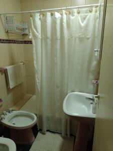 uma casa de banho com uma cortina de chuveiro, um WC e um lavatório. em Leticia y Fabián em Gualeguaychú
