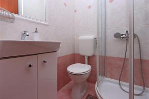 uma casa de banho com um WC, um lavatório e um chuveiro em Double Room Vrbnik 5299b em Vrbnik