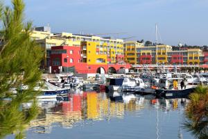 a group of boats docked in a marina with colorful buildings at Apartment Banjole 7487a in Banjole