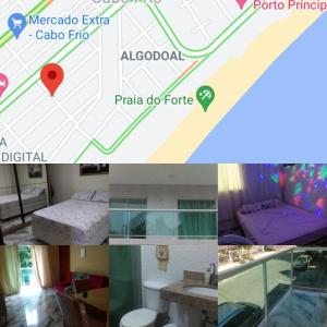 eine Collage mit Fotos eines Zimmers mit einer Karte in der Unterkunft Dunas Apartamento in Cabo Frio