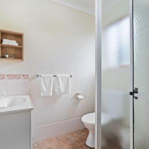 een witte badkamer met een toilet en een douche bij Melview Greens in Orange