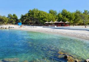 a beach with chairs and umbrellas on the beach at Apartments with a parking space Pula - 7420 in Pula