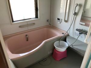 a bathroom with a pink bath tub and a toilet at コウノトリの里の宿 in Fukiage +14 photos