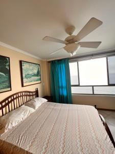 1 dormitorio con 1 cama y ventilador de techo en El peñón del rodadero, en Santa Marta