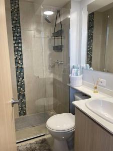 a bathroom with a shower and a toilet and a sink at New Lovely 3 bedroom condo with an AWESOME view! in Bello