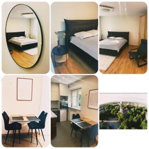 a collage of four pictures of a room at S&A apartamentai in Panevėžys