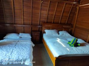 Un dormitorio con dos camas con un camión de juguete. en Batur Water Park Villa en Bangli