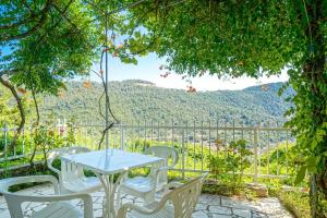 a table and chairs on a patio with a view at Chrissafis Hotel in Panagia