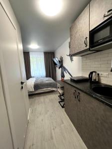 MYFREEDOM Апартаменти Солом'янський район في كييف: مطبخ صغير مع سرير في الغرفة