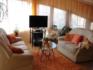 sala de estar con 2 sofás y TV de pantalla plana en Ferienwohnung, en Hévíz